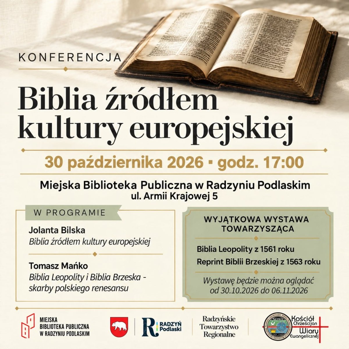 Plakat konferencji Biblia źródłem kultury europejskiej 30.10